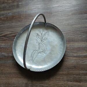 Wrought Iron Farberware Etched Floral Silver Round Tray With Handle 8” Diameter